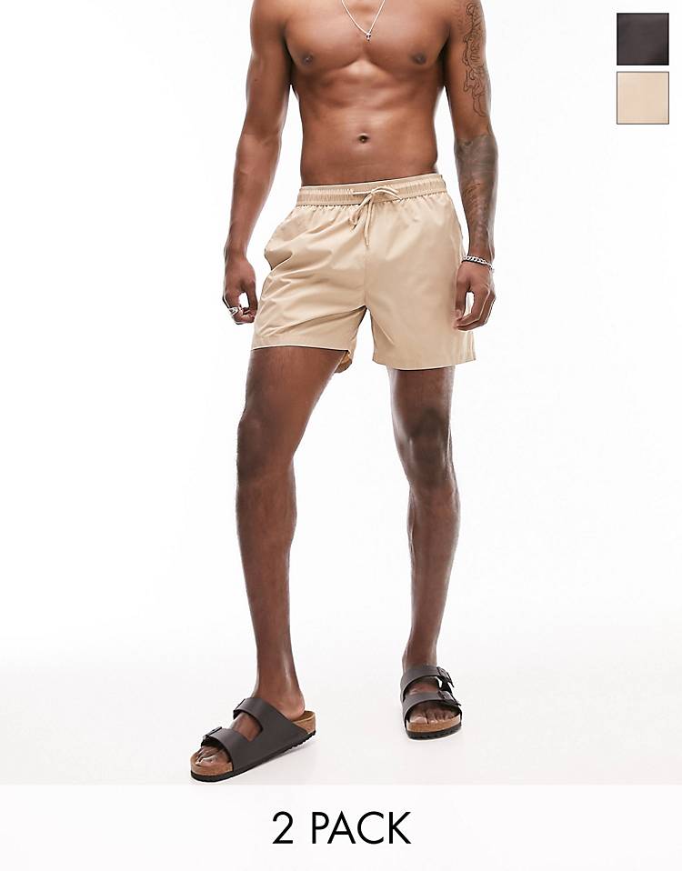 Topman 2 pack swim shorts in black and stone